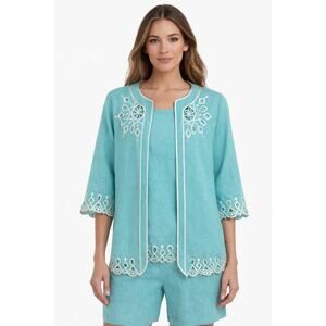 Bob Mackie Wearable Art 2000s Turquoise Linen Embroidered Twin Set XS